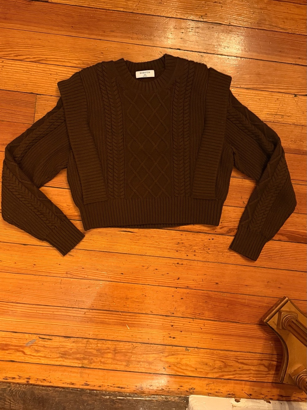 Babaton Dark Brown Cable-Knit Cropped Crewneck Sweater